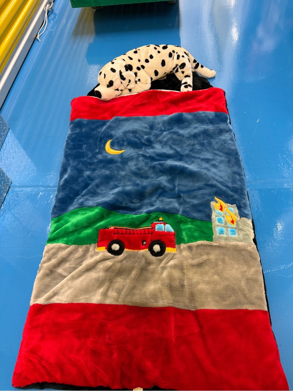 Children's Plush Sleeping Bag with Fire Truck Design - Red, Blue, Green